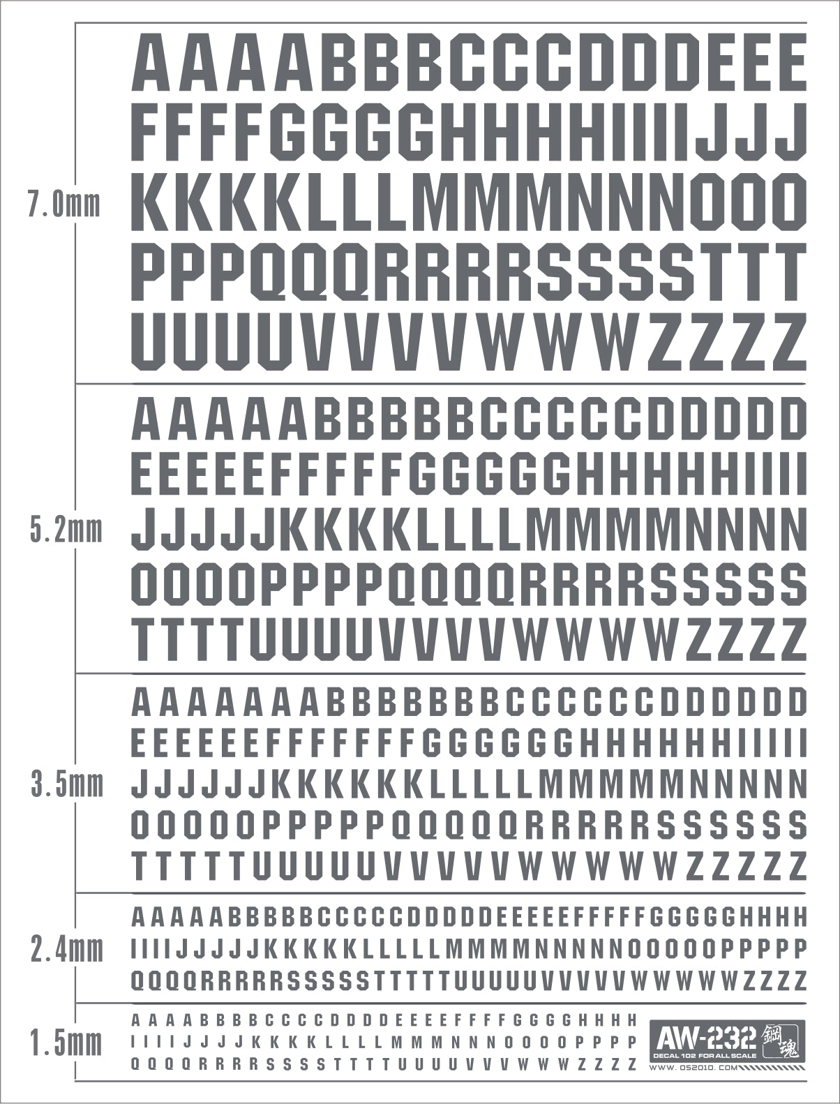 AW-232 WATERSLIDE DECALS: LETTERS (GRAY)