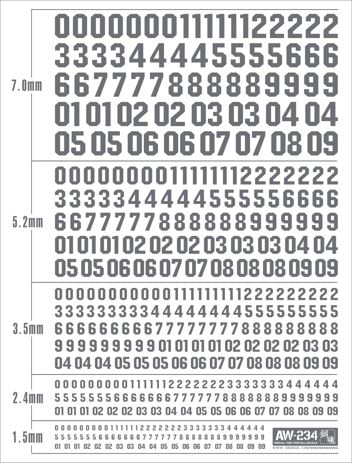 AW-234 WATERSLIDE DECALS: NUMBERS (GRAY)