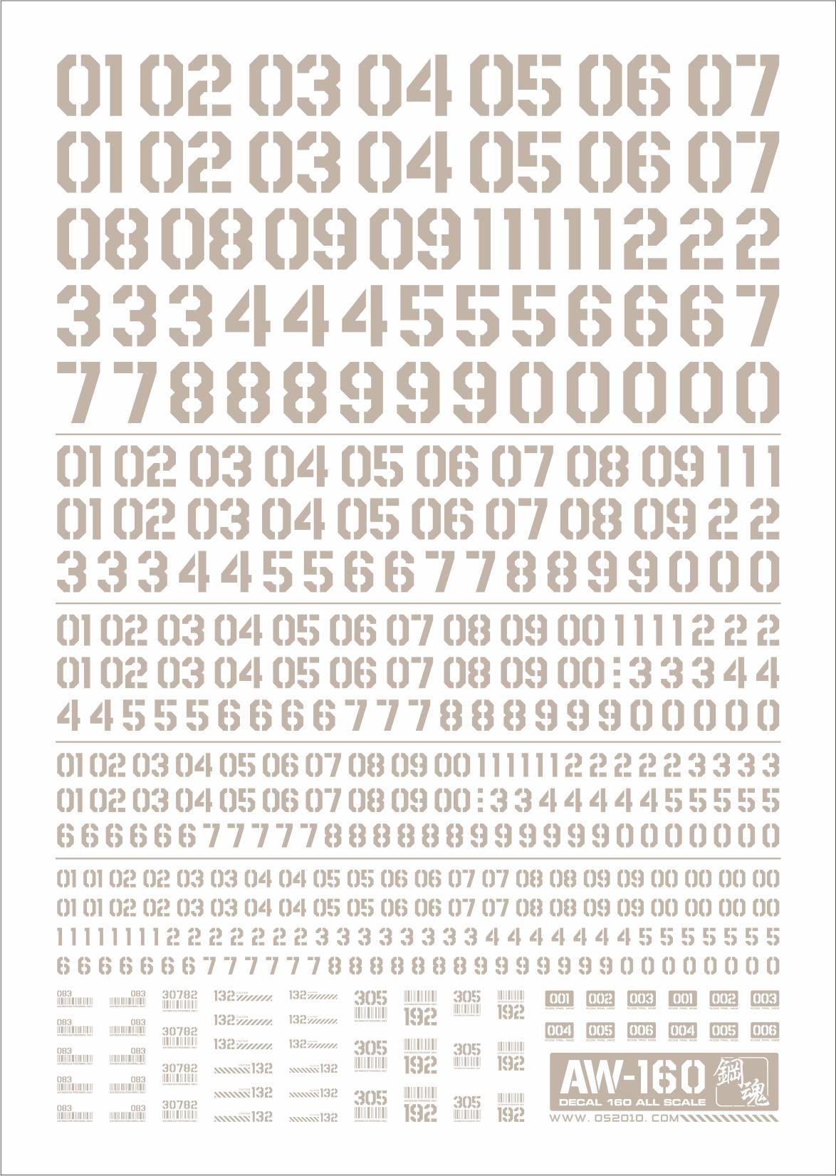 AW-160 Waterslide Decal: Numbers Type 05 (LIght Gray)
