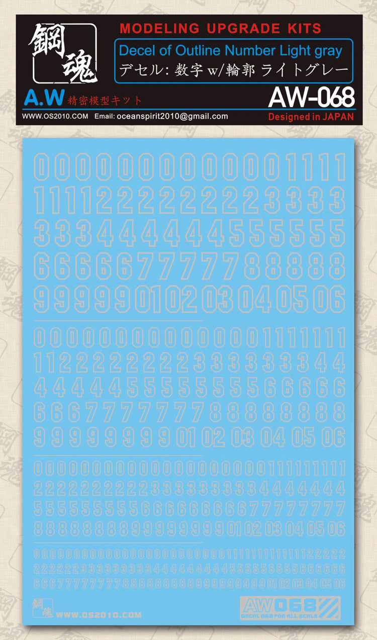 Madworks AW-068 Waterslide Decal: Numbers Type 01 (Light-Gray)