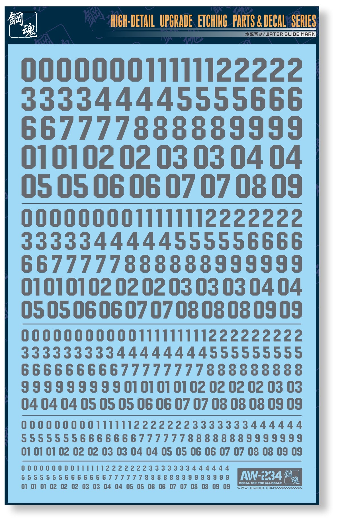 AW-234 WATERSLIDE DECALS: NUMBERS (GRAY)