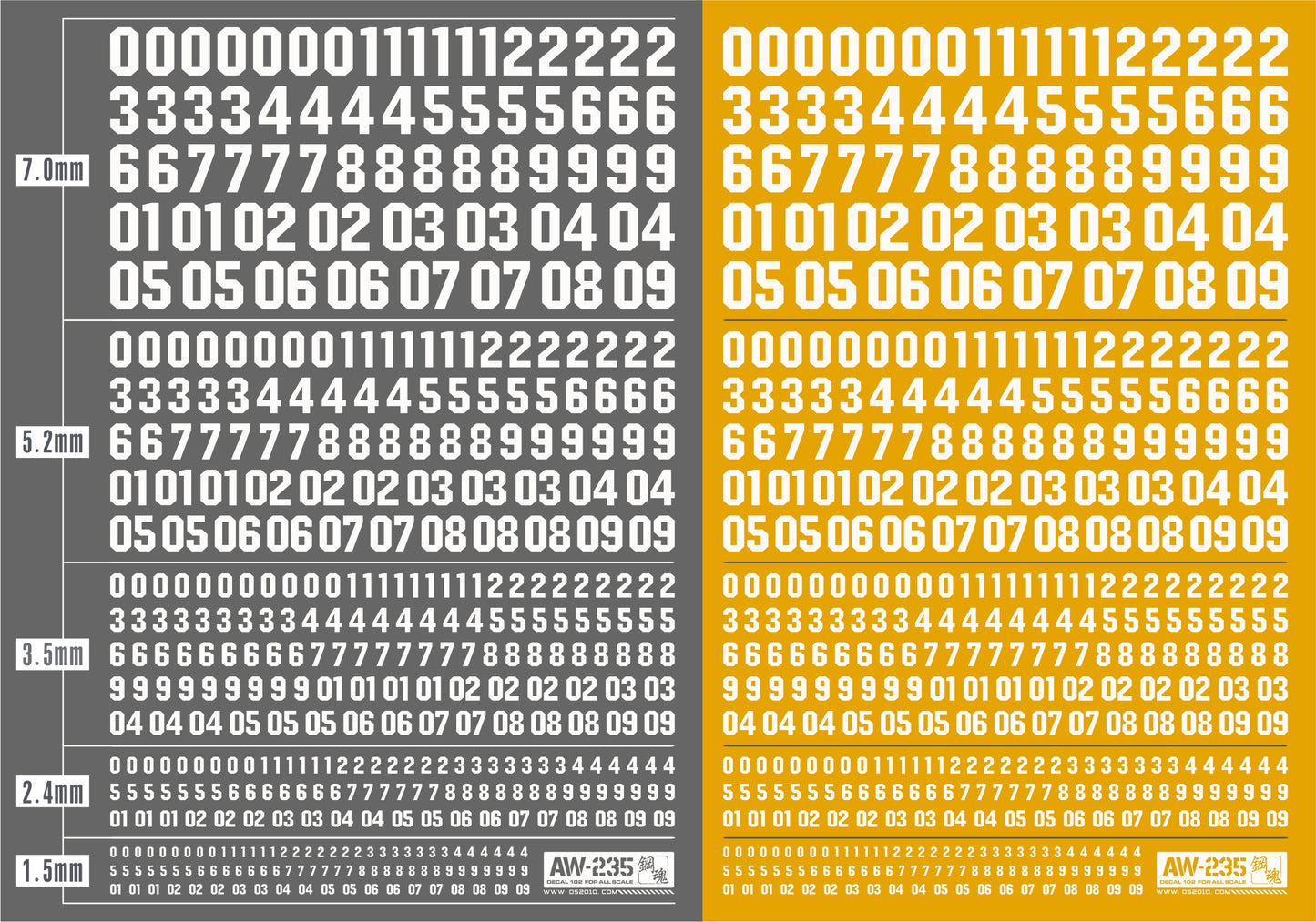 AW-235 WATERSLIDE DECALS: NUMBERS (WHITE)