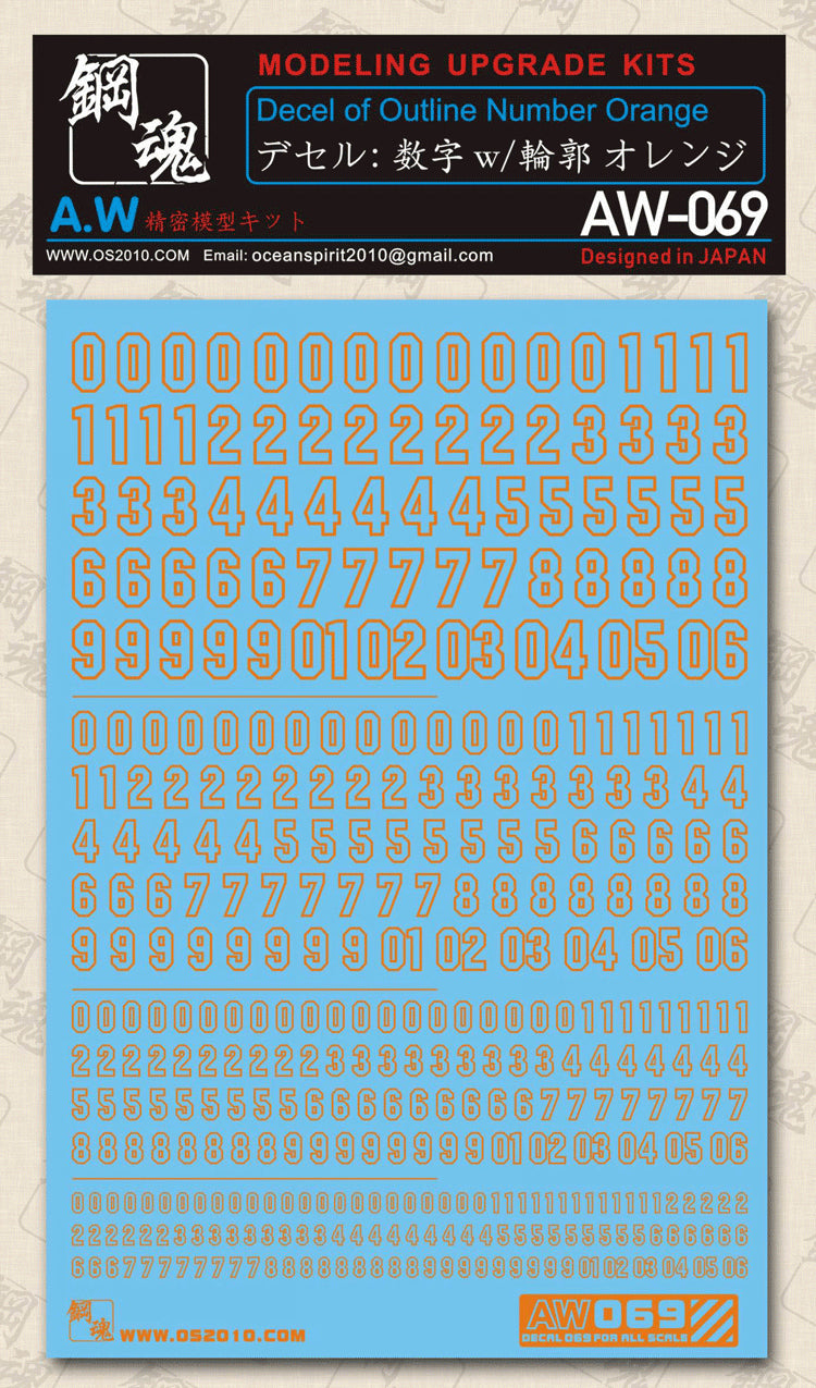 AW-069 Waterslide Decal: Numbers Type 01 (Orange)