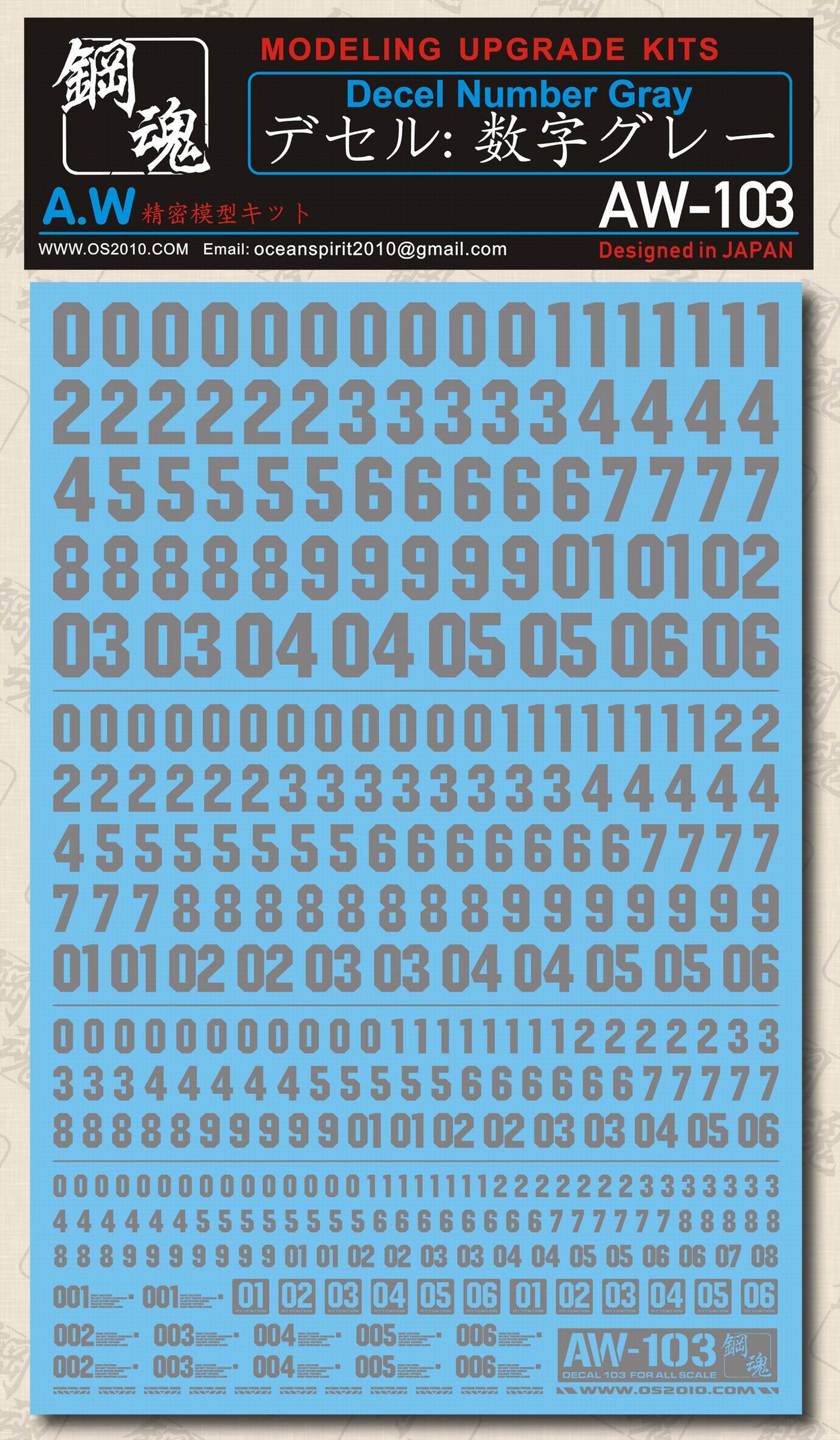AW-103 Waterslide Decal: Numbers Type 04 (Gray)